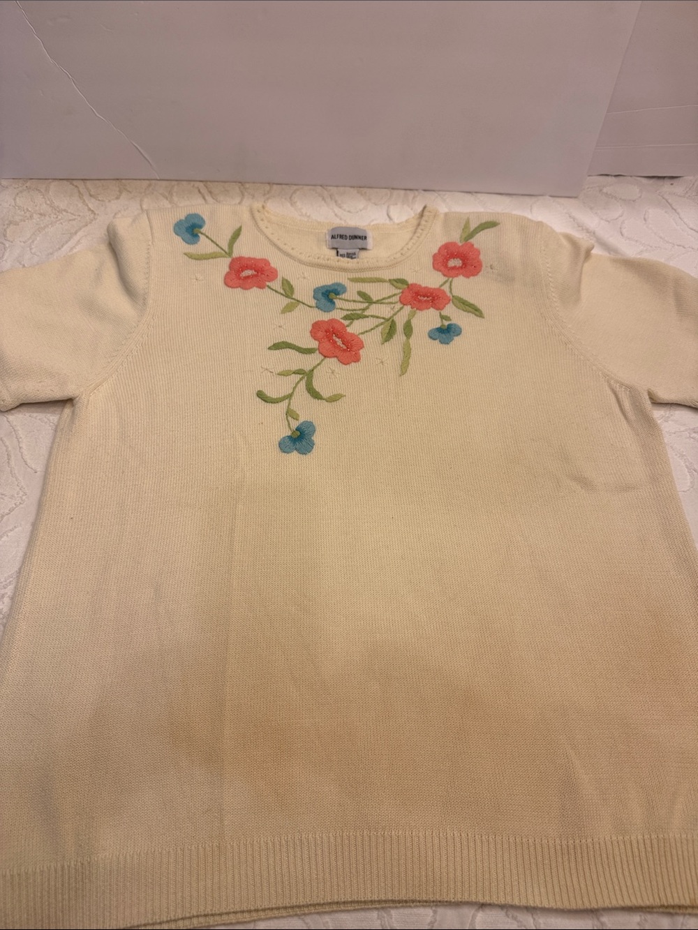 Alfred Dunner Cream Knit Crewneck Sweater with Coral and Teal Floral Embroidery
